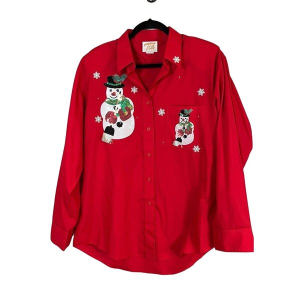 Tia Shirt Women L Red Santa Festive Holiday Sequin Snowman Mature Christmas 80s - Picture 1 of 13